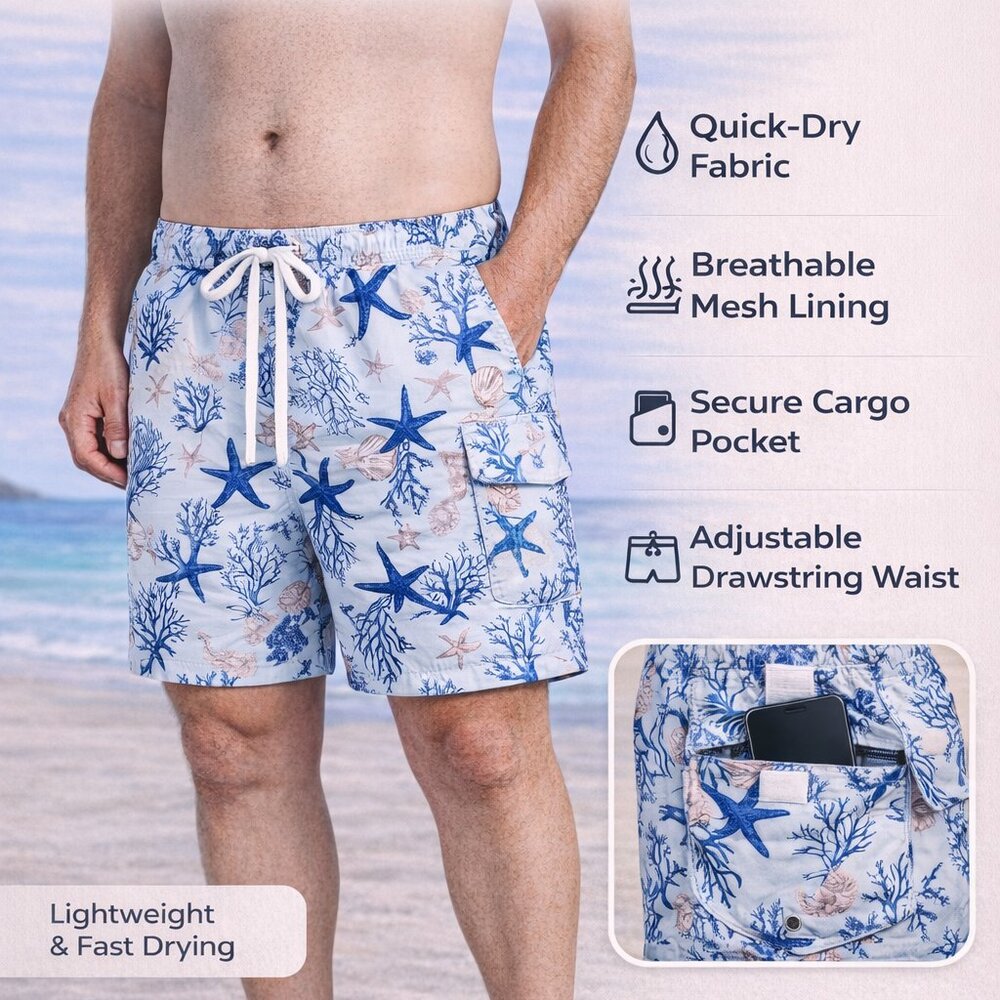 Men’s Cargo Swim Trunks 2 Pack Quick Dry Mesh Lined Beach Board Shorts, Pockets - Picture 3 of 8